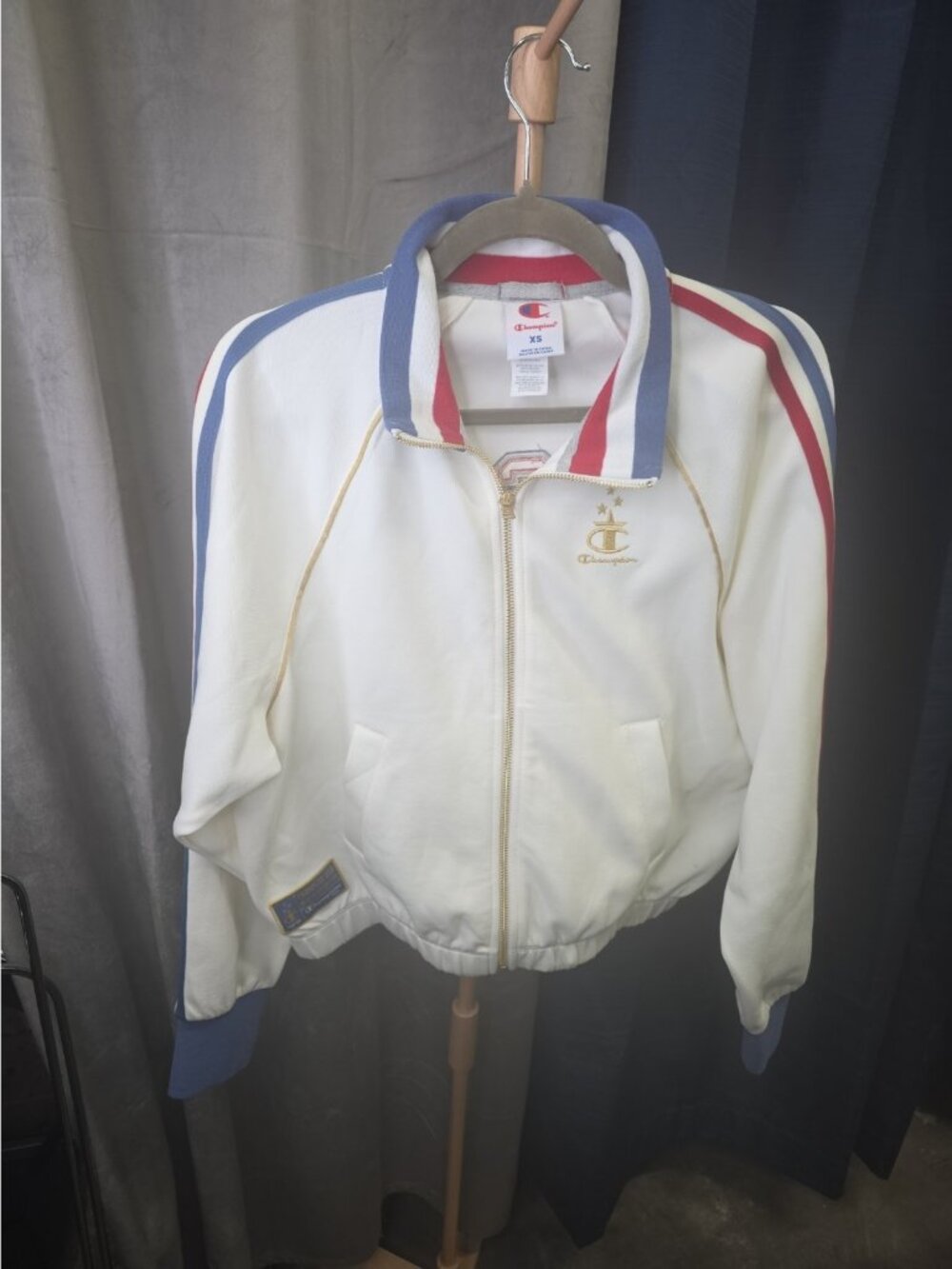 Champion Womens XS Track Jacket Cream Red Blue Gold Full Zip Retro Varsity Wl436